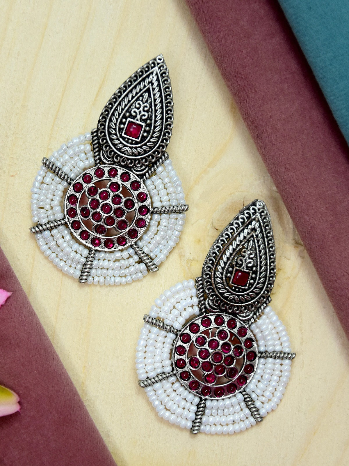 ROUND SHAPE GERMAN SILVER WHITE BEADED DROP EARRING