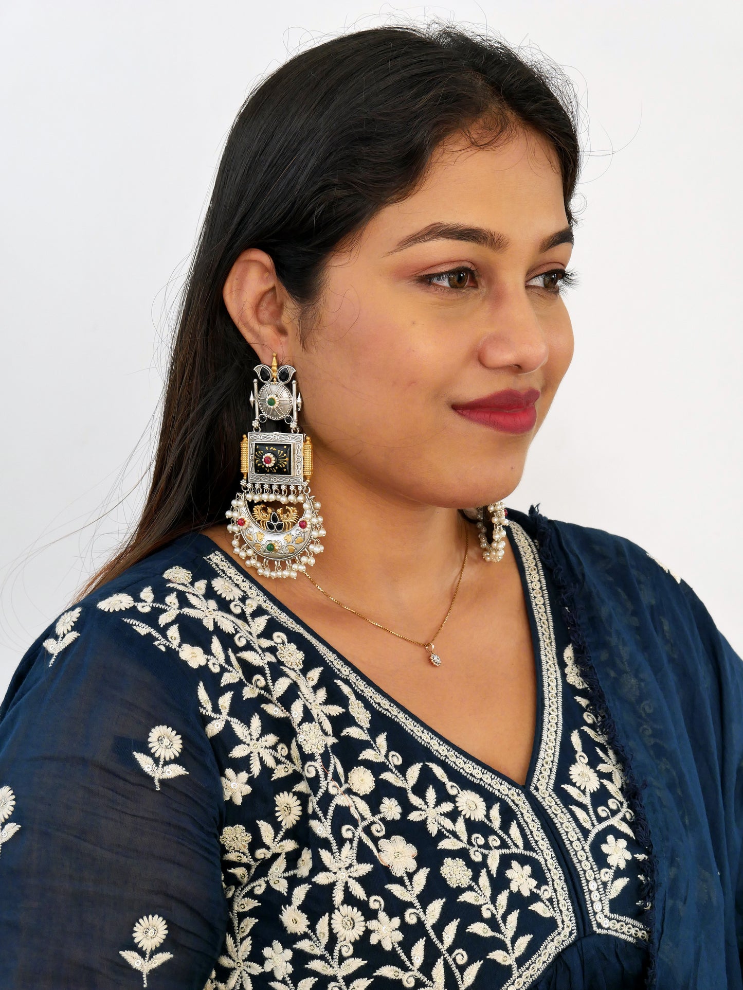 NOOR SILVER REPLICA TANJORE PRINT CHANDBALI EARRING