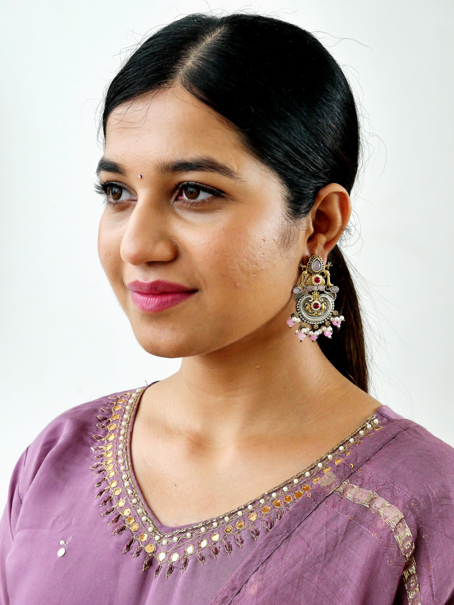 ROYAL JAIPURI TANJORE ART SILVER TONE EARRING