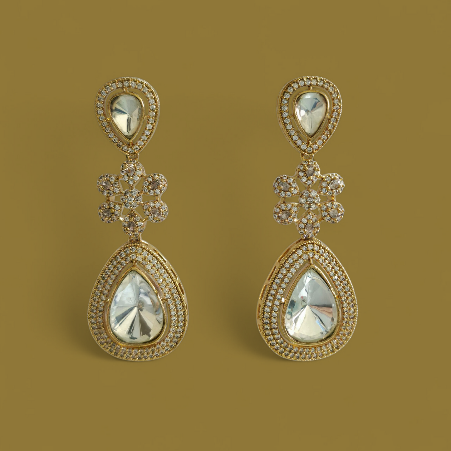 GOLD- TONED WHITE POLKI KUNDAN CONTEMPORARY DROP EARRING