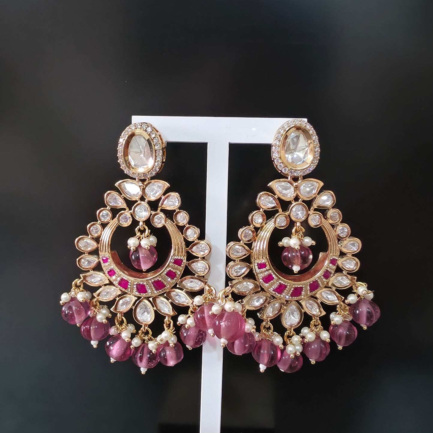 ROYAL JAIPURI PREMIUM MOSSANITE POLKI WITH KUNDAN CHANDBALI