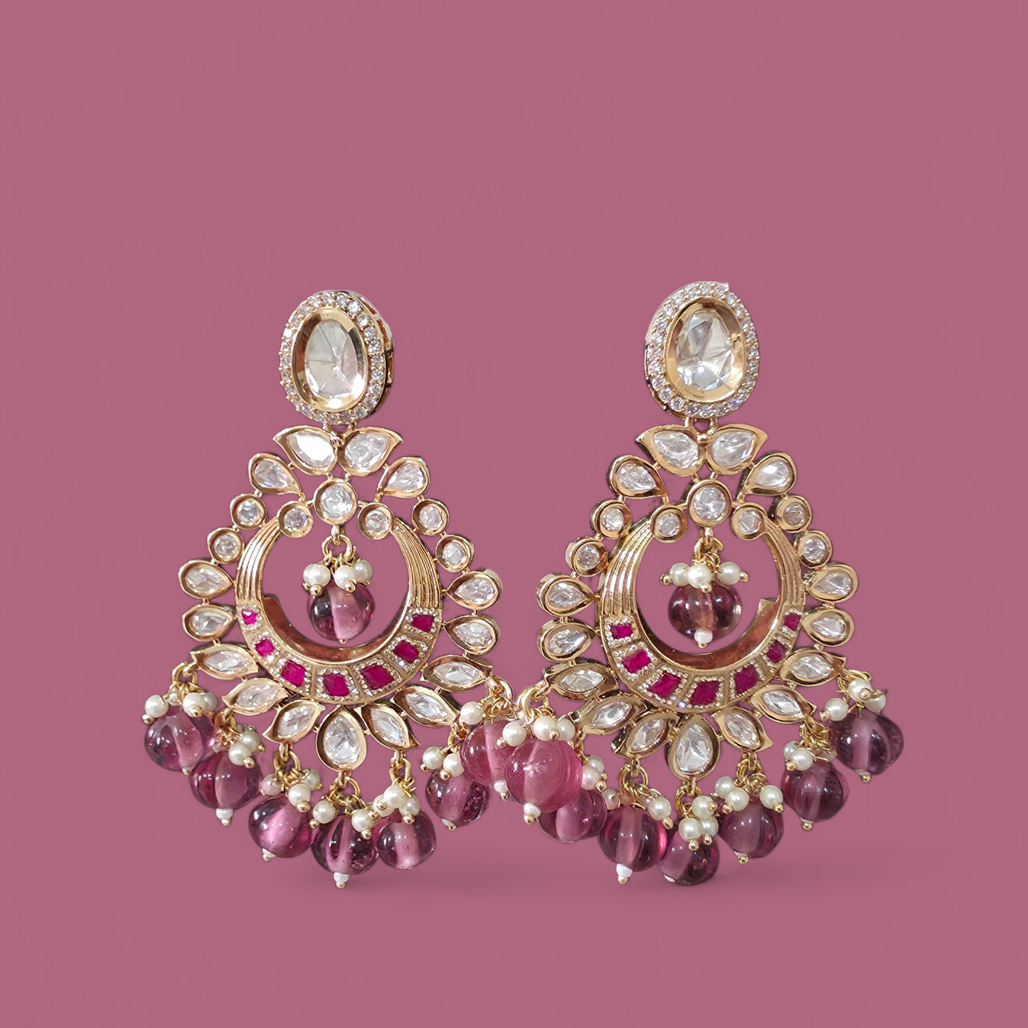ROYAL JAIPURI PREMIUM MOSSANITE POLKI WITH KUNDAN CHANDBALI