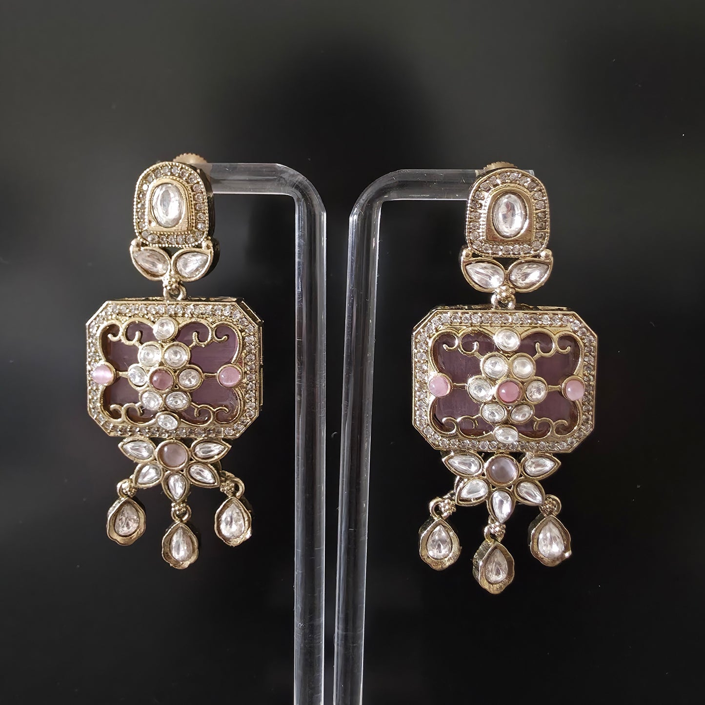 VICTORIAN PINK GOLD PLATED POLKI KUNDAN DANGLER