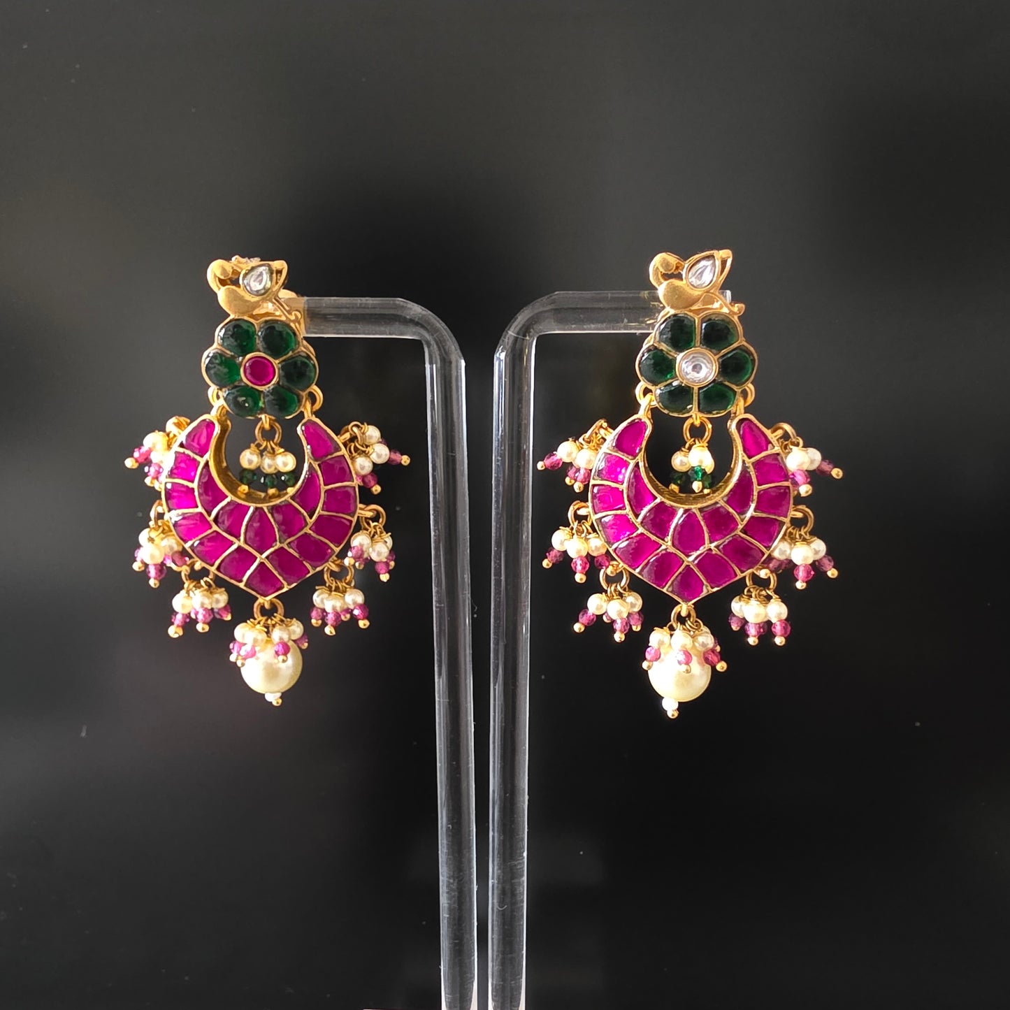 GOLD PLATED JADAU KUNDAN WITH PEARL DROP CHANDBAALI