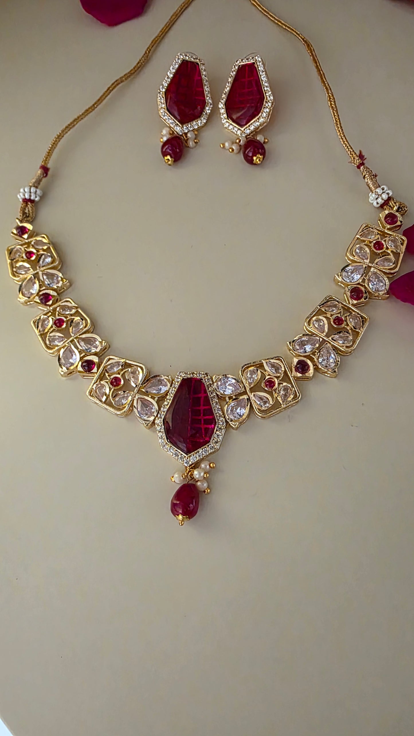 RUBY GLOW MOSSANITE POLKI NECKLACE SET