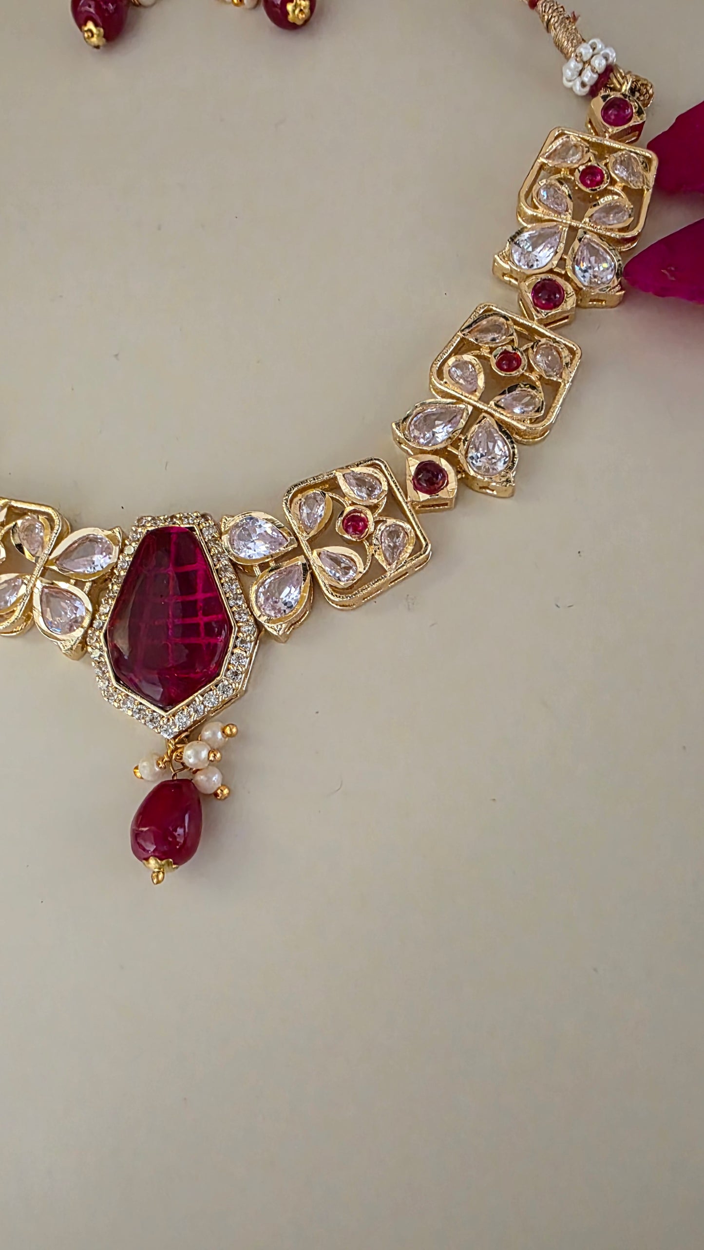 RUBY GLOW MOSSANITE POLKI NECKLACE SET