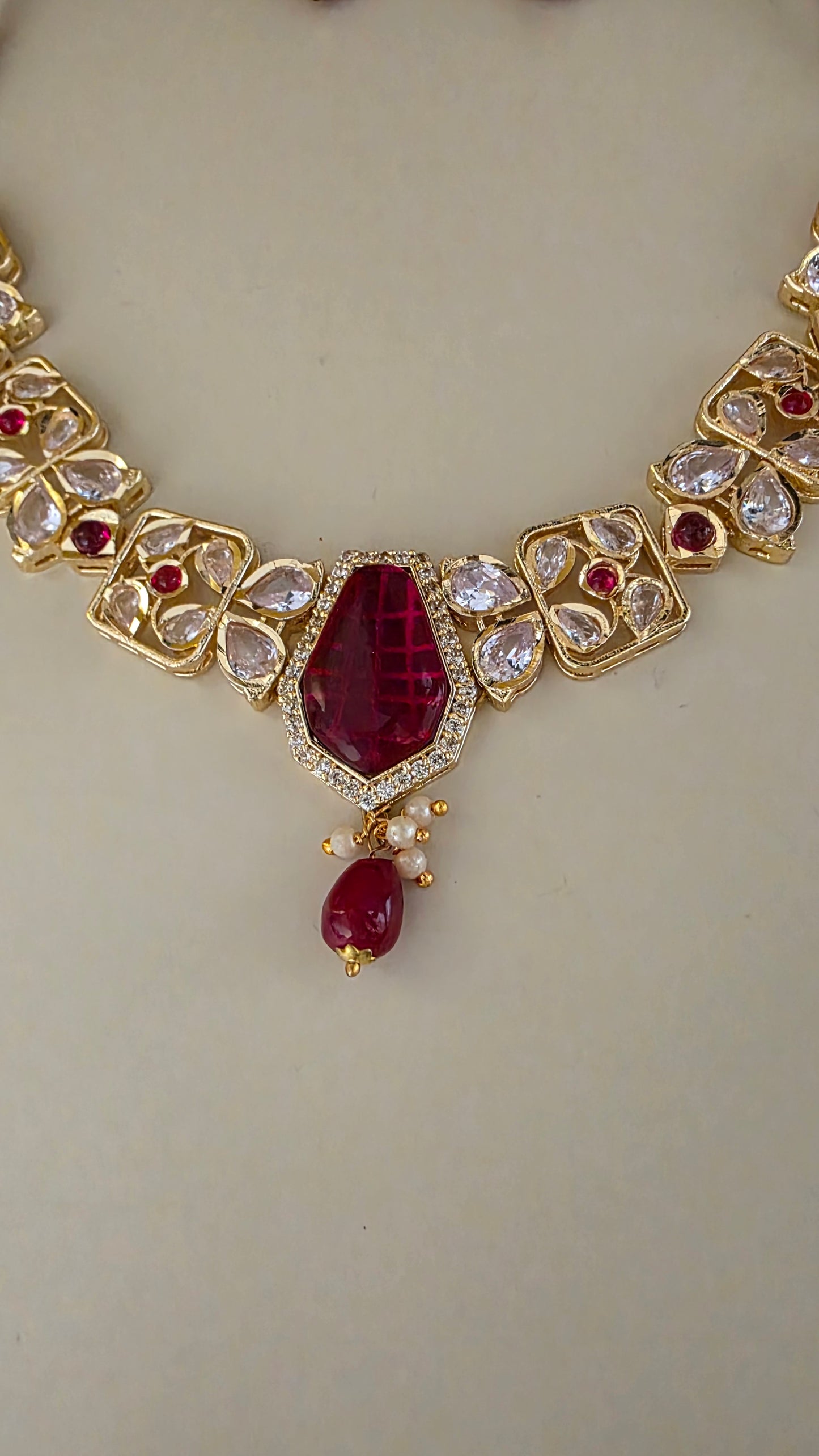 RUBY GLOW MOSSANITE POLKI NECKLACE SET