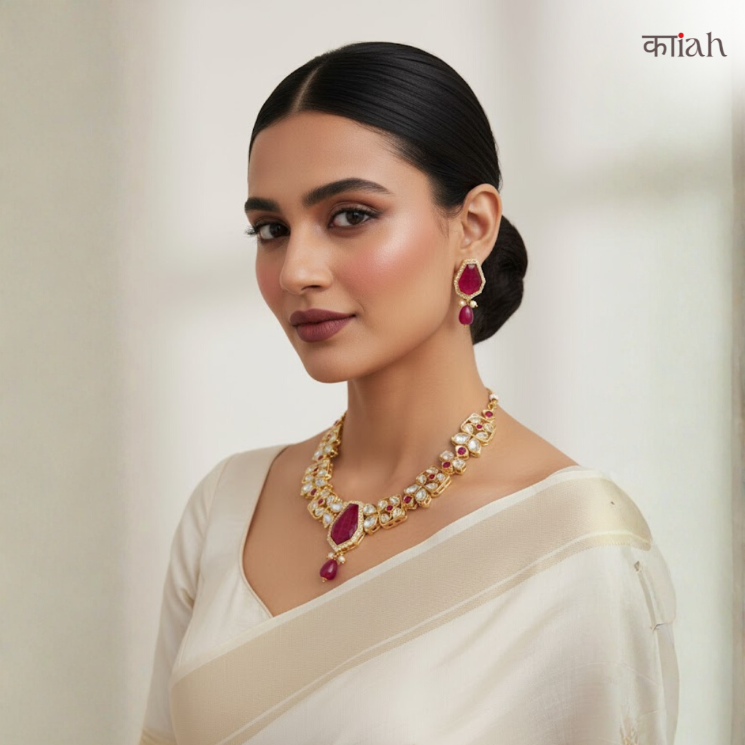 RUBY GLOW MOSSANITE POLKI NECKLACE SET