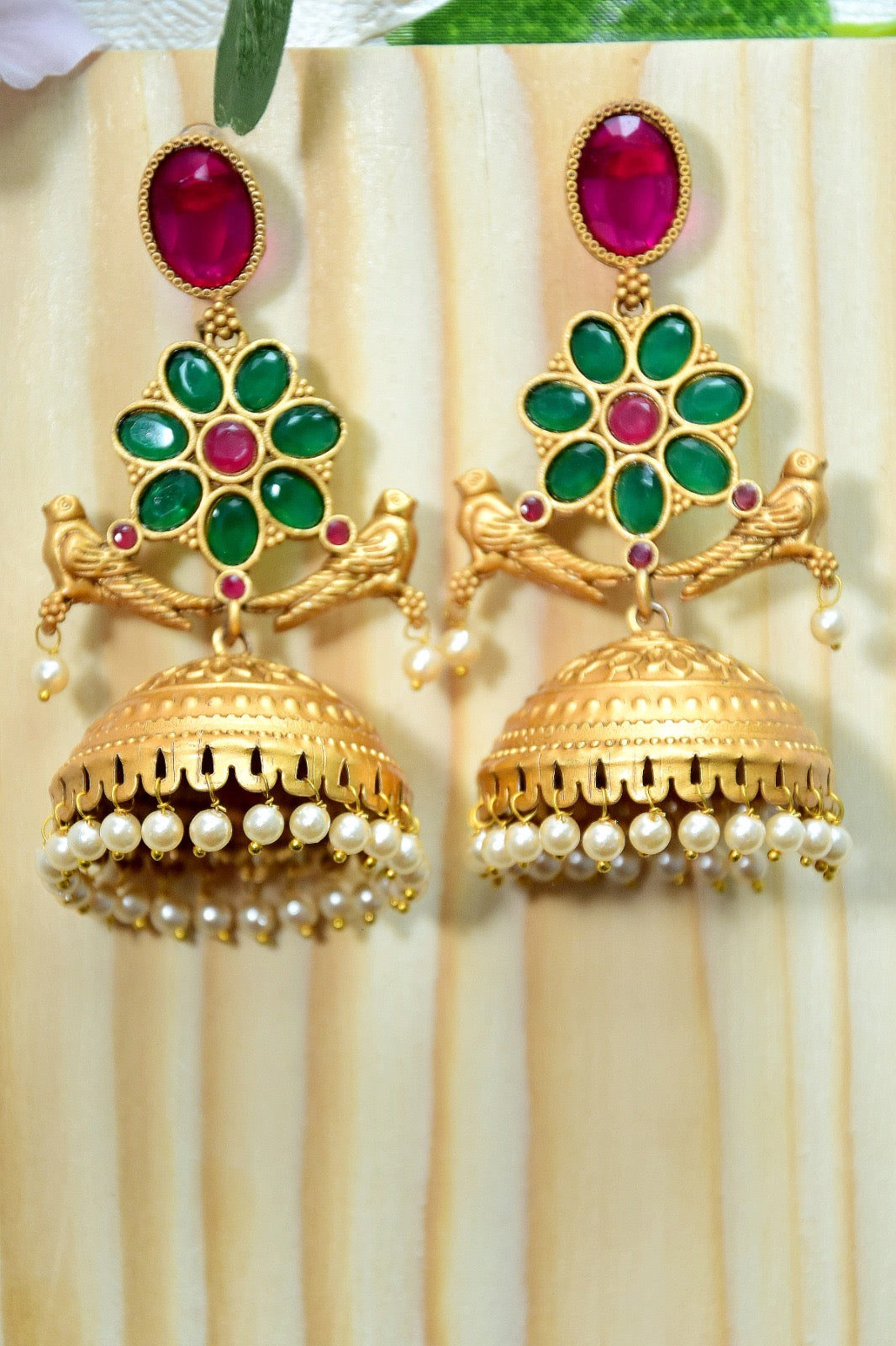 MAT GOLD PLATED RUBY GREEN JHUMKA