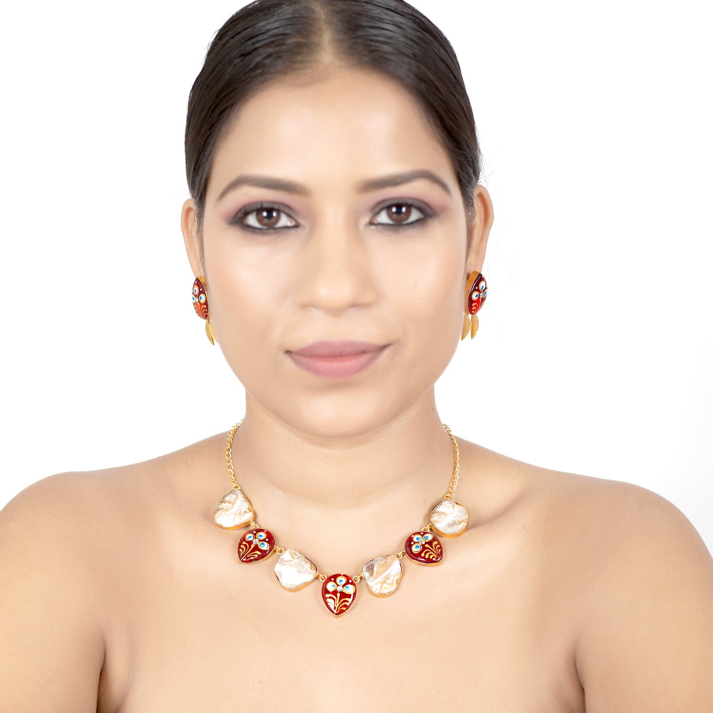 MOP TANJORE PRINT RED NECKLACE SET