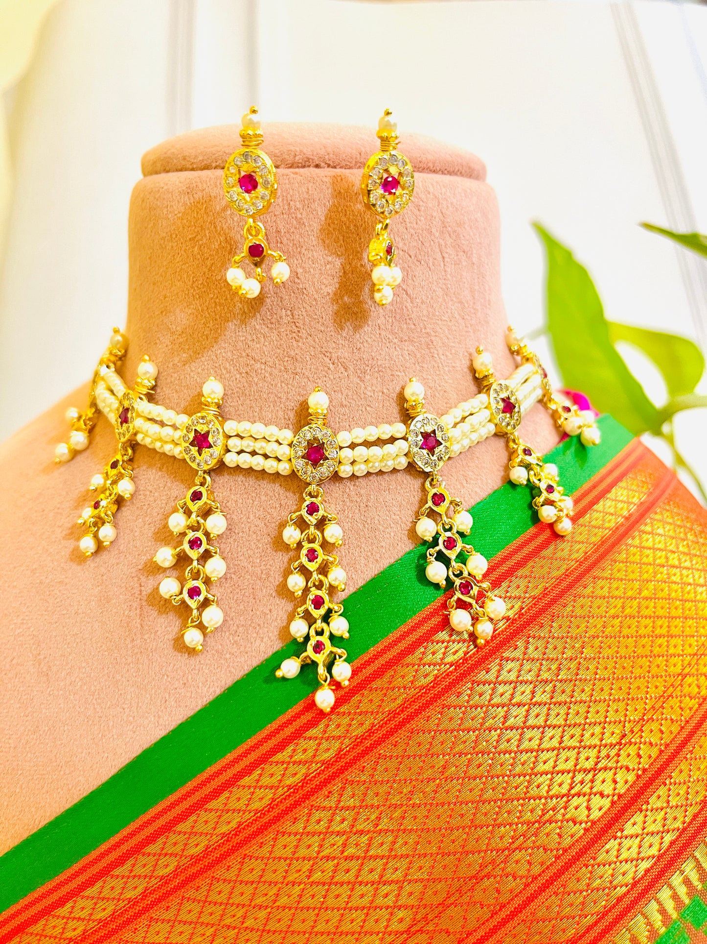 CLASSIC PEARL RUBY 7 PETI CHINCHPETI GOLD PLATED
