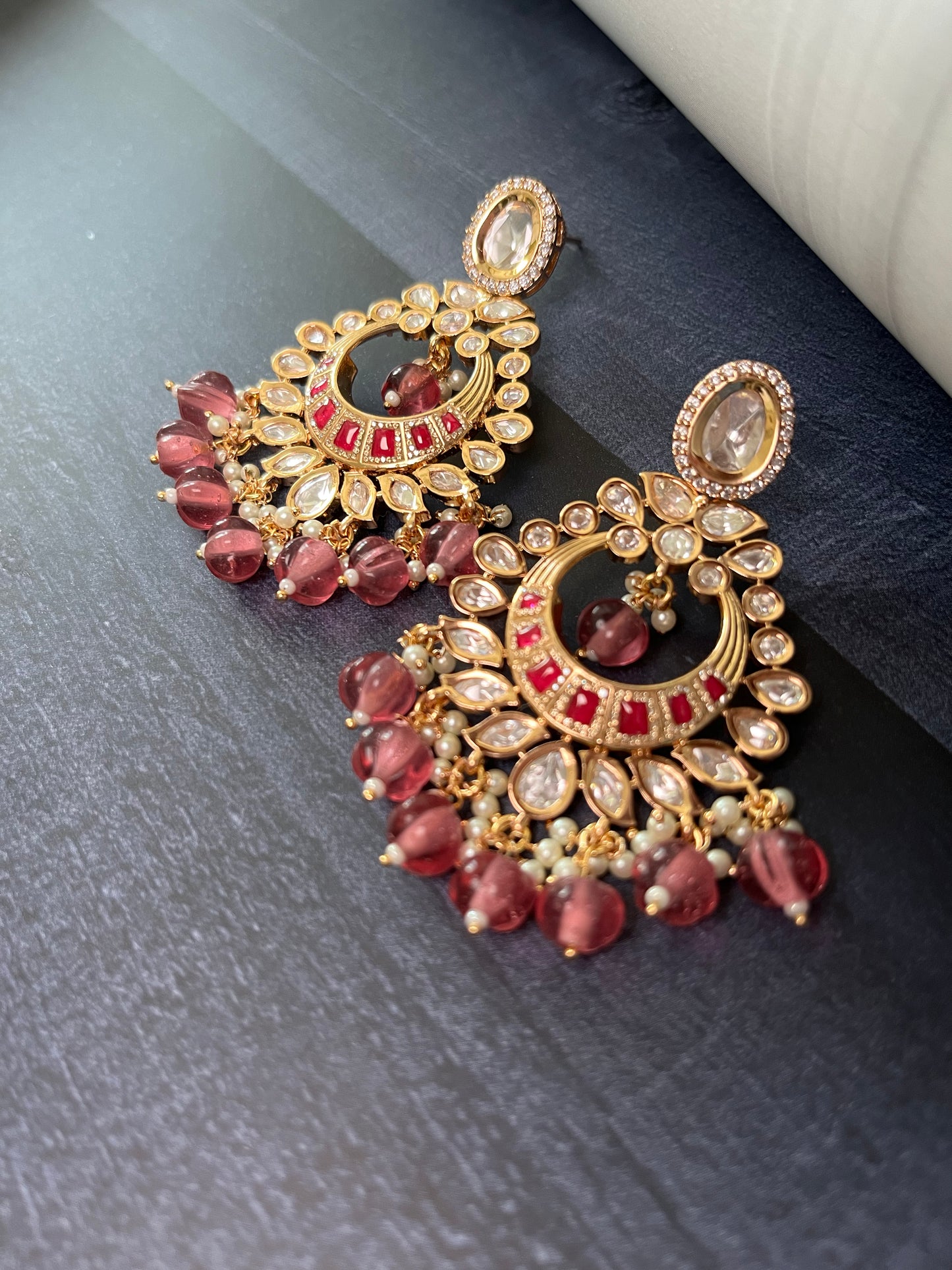 ROYAL JAIPURI PREMIUM MOSSANITE POLKI WITH KUNDAN CHANDBALI