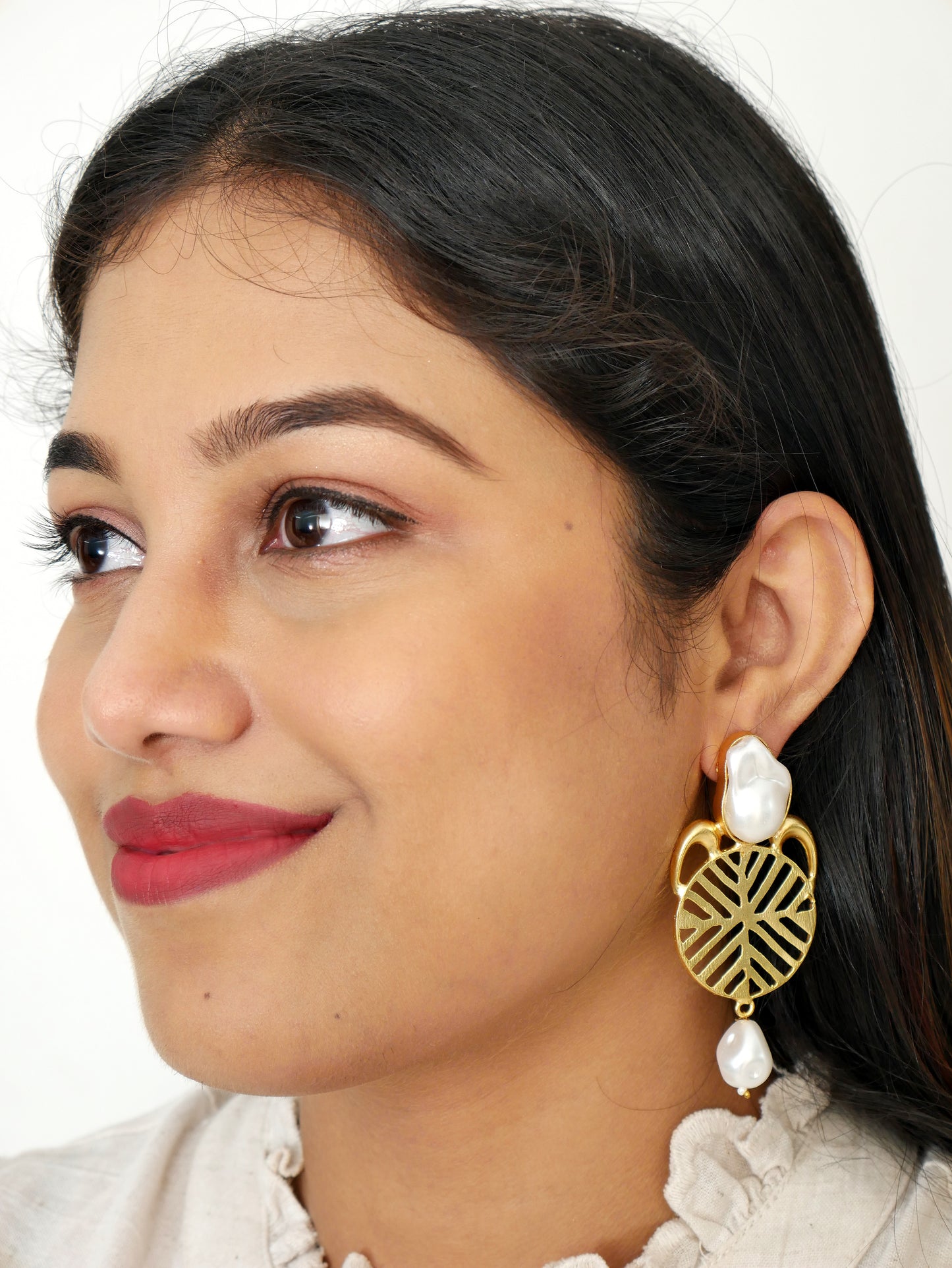 RAW MOTHER OF PEARL INDO-WESTERN GOLDEN BRASS EARRING
