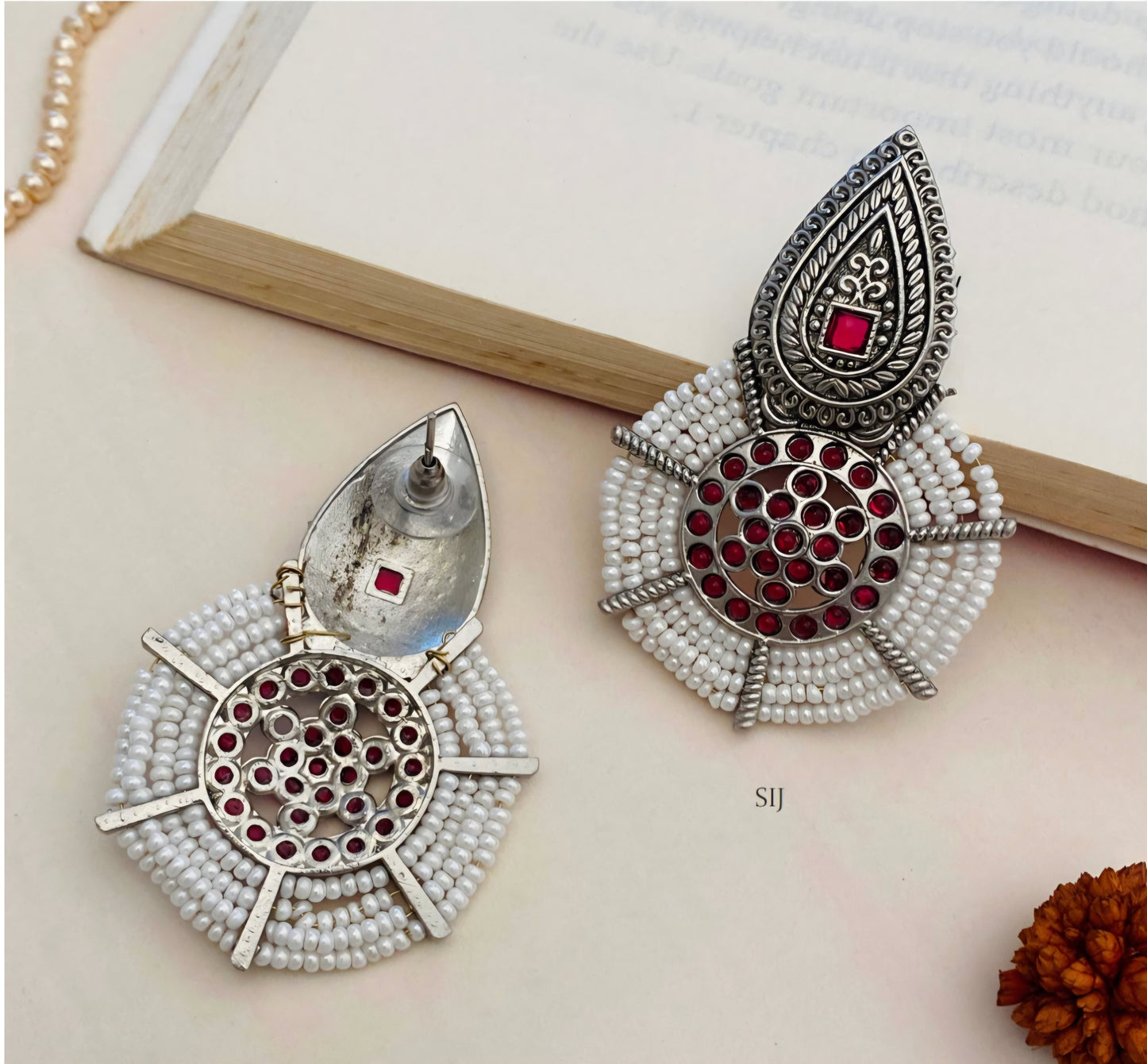 ROUND SHAPE GERMAN SILVER WHITE BEADED DROP EARRING
