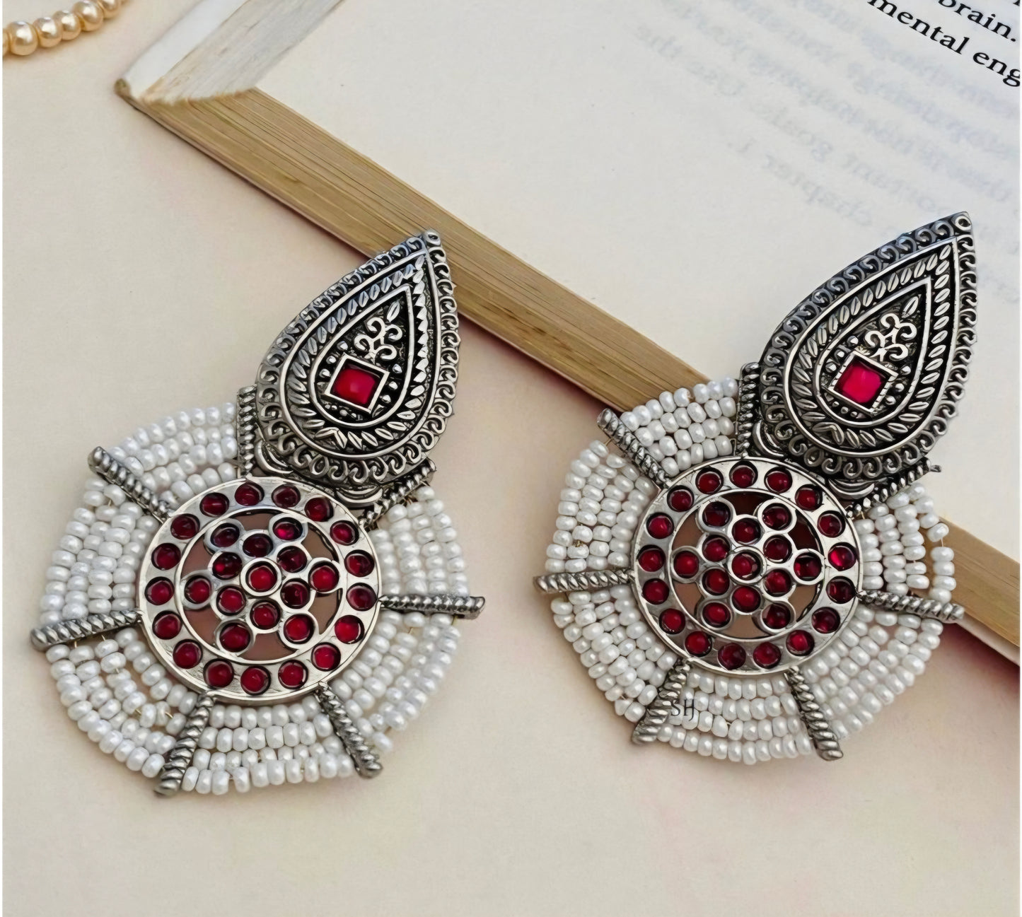 ROUND SHAPE GERMAN SILVER WHITE BEADED DROP EARRING