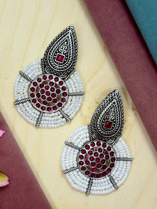 ROUND SHAPE GERMAN SILVER WHITE BEADED DROP EARRING