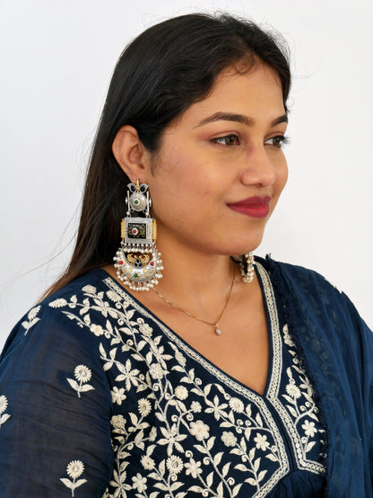 NOOR SILVER REPLICA TANJORE PRINT CHANDBALI EARRING