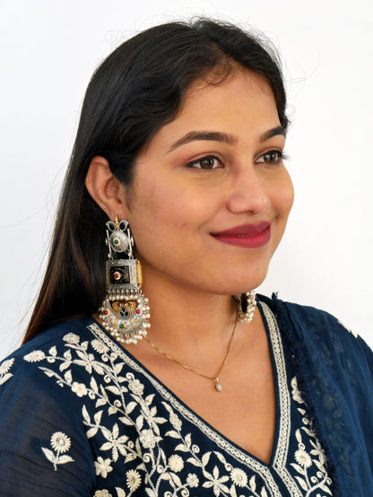 NOOR SILVER REPLICA TANJORE PRINT CHANDBALI EARRING