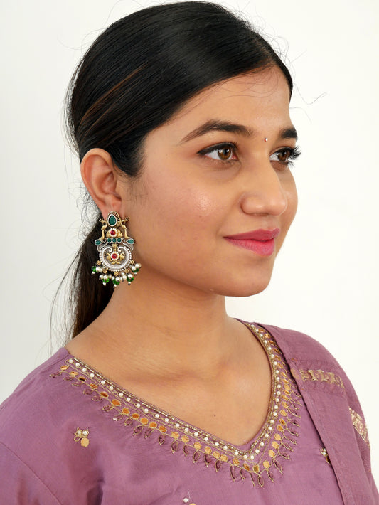 ROYAL JAIPURI TANJORE  ART SILVER TONE EARRING