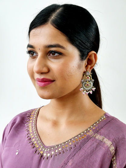 ROYAL JAIPURI TANJORE  ART SILVER TONE EARRING