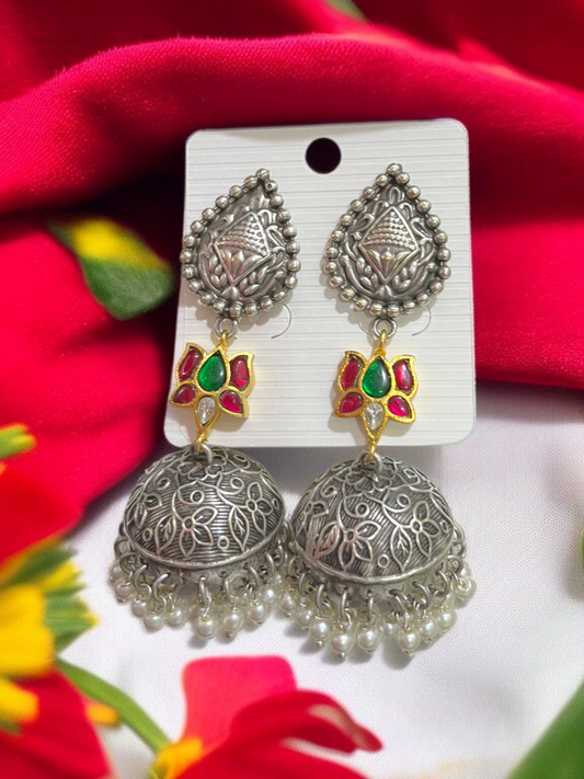 OXIDISED RUBY PINK LOTUS JHUMKI