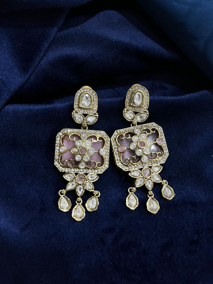 VICTORIAN PINK GOLD PLATED POLKI KUNDAN DANGLER