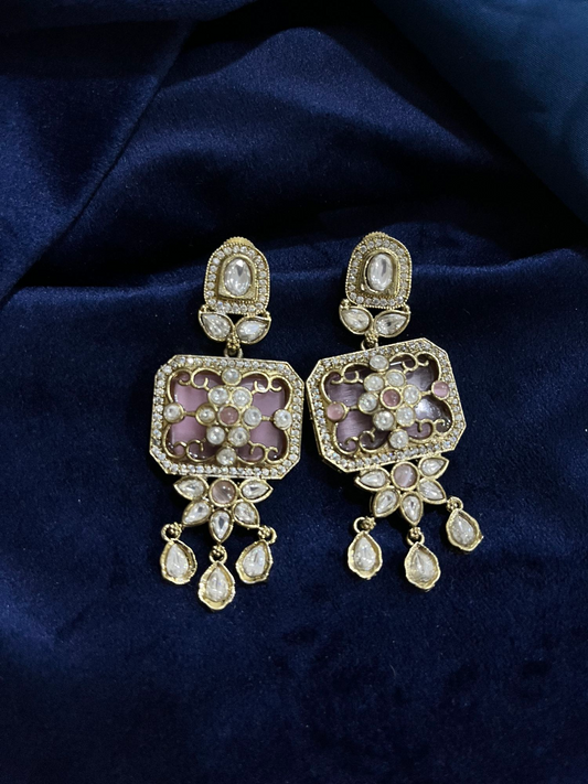 VICTORIAN PINK GOLD PLATED POLKI KUNDAN DANGLER