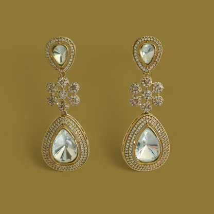 GOLD- TONED WHITE POLKI KUNDAN CONTEMPORARY DROP EARRING