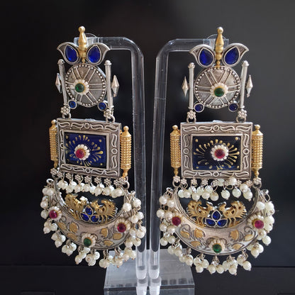 NOOR SILVER REPLICA TANJORE PRINT CHANDBALI EARRING