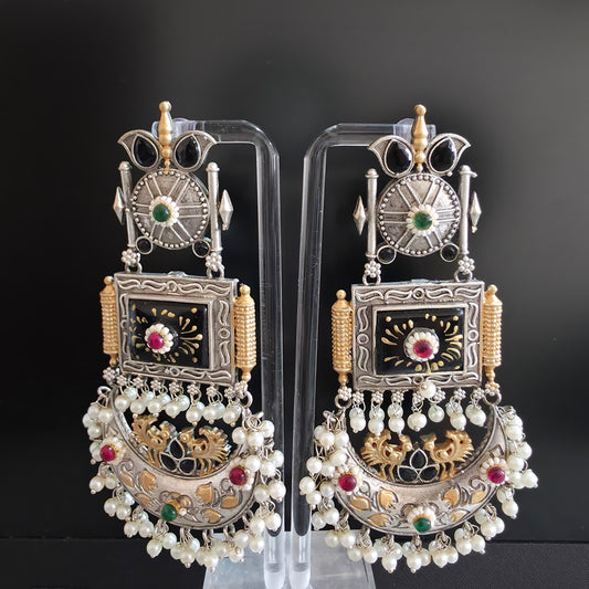 NOOR SILVER REPLICA TANJORE PRINT CHANDBALI EARRING