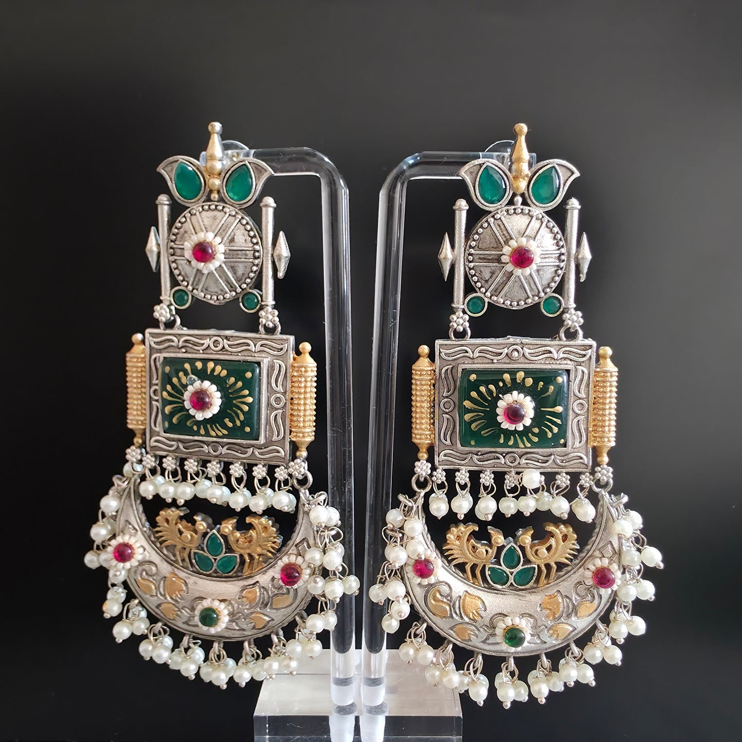 NOOR SILVER REPLICA TANJORE PRINT CHANDBALI EARRING
