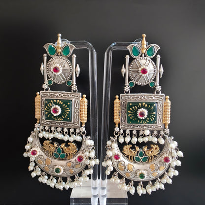 NOOR SILVER REPLICA TANJORE PRINT CHANDBALI EARRING