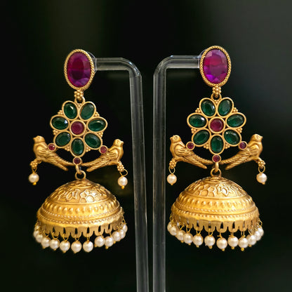 MAT GOLD PLATED RUBY GREEN JHUMKA