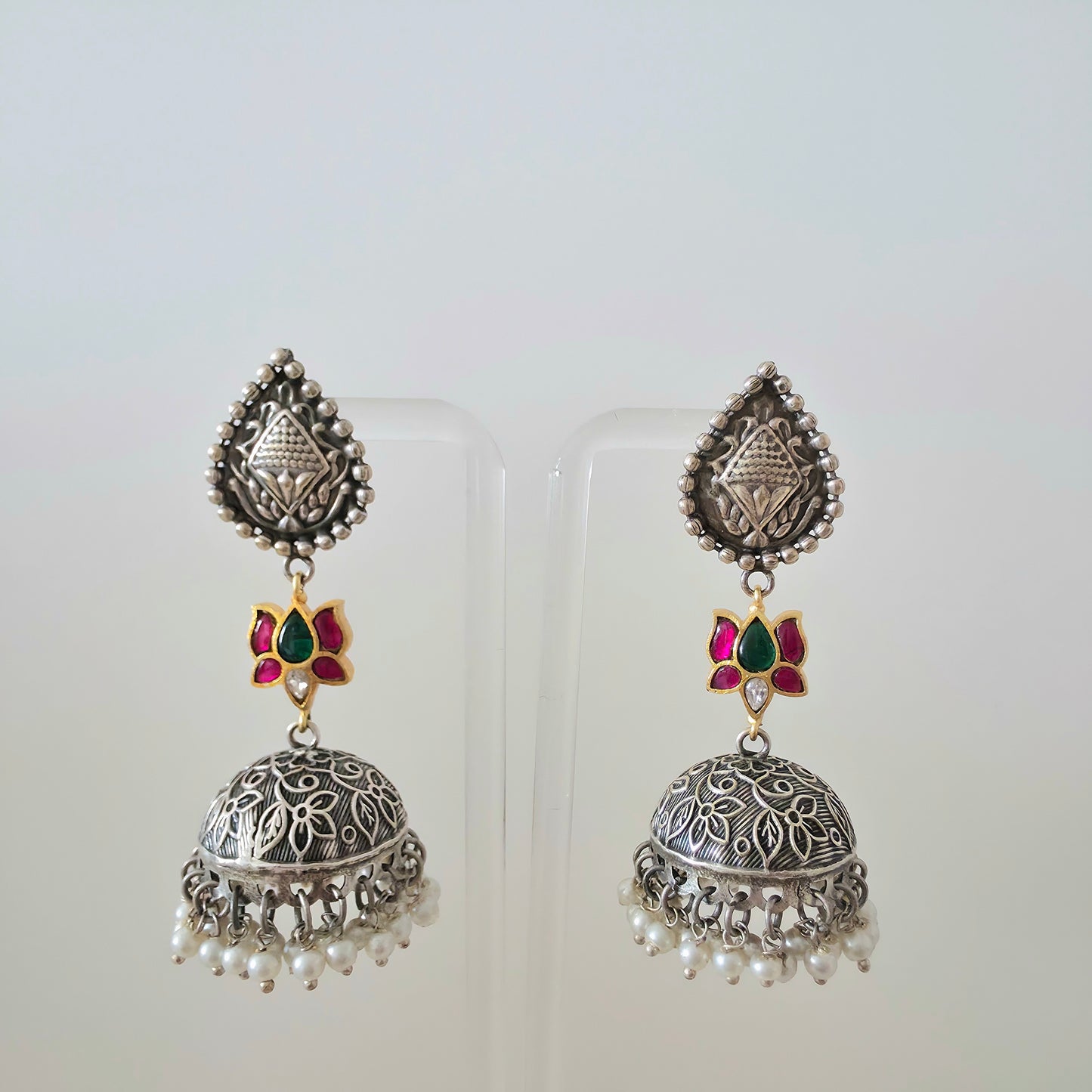 OXIDISED RUBY PINK LOTUS JHUMKI