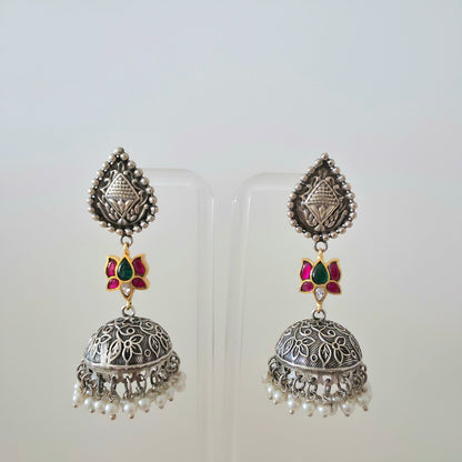 OXIDISED RUBY PINK LOTUS JHUMKI