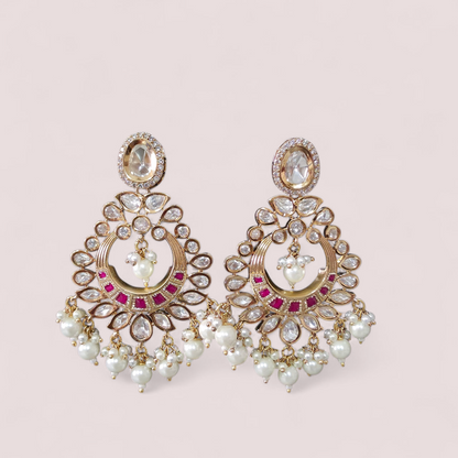 ROYAL JAIPURI PREMIUM MOSSANITE POLKI WITH KUNDAN CHANDBALI
