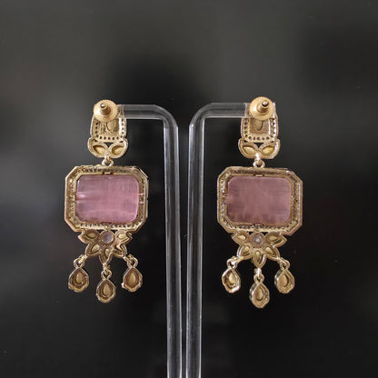 VICTORIAN PINK GOLD PLATED POLKI KUNDAN DANGLER