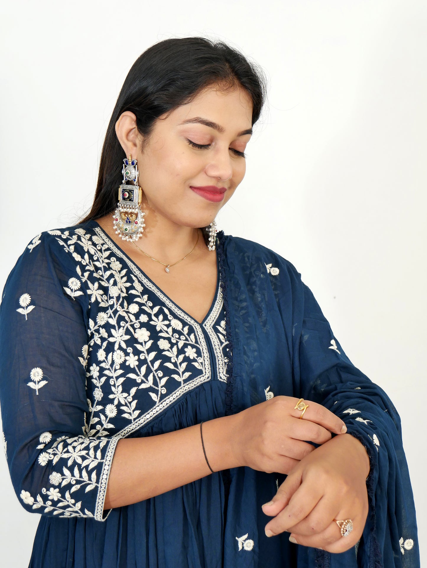 NOOR SILVER REPLICA TANJORE PRINT CHANDBALI EARRING