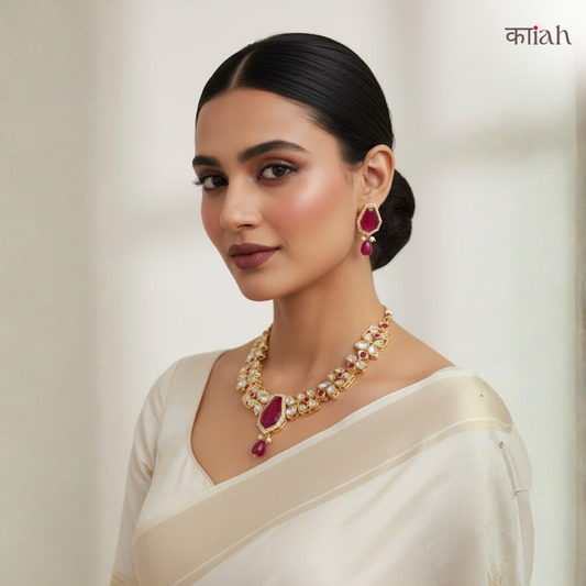 RUBY GLOW MOSSANITE POLKI NECKLACE SET