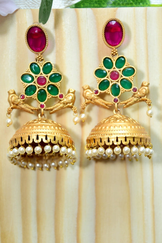 MAT GOLD PLATED RUBY GREEN JHUMKA
