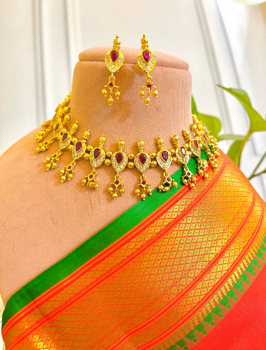 PREMIUM RUBY GOLD PLATED MAHARASHTIAN TRADITIONAL CHICHPETI CHOKER SET