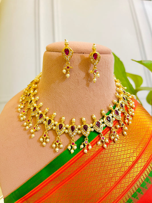 PREMIUM PEARL RUBY GOLD PLATED MAHARASHTIAN TRADITIONAL CHICHPETI CHOKER SET