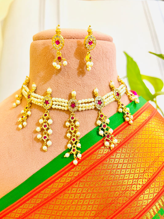 CLASSIC PEARL RUBY 7 PETI CHINCHPETI GOLD PLATED