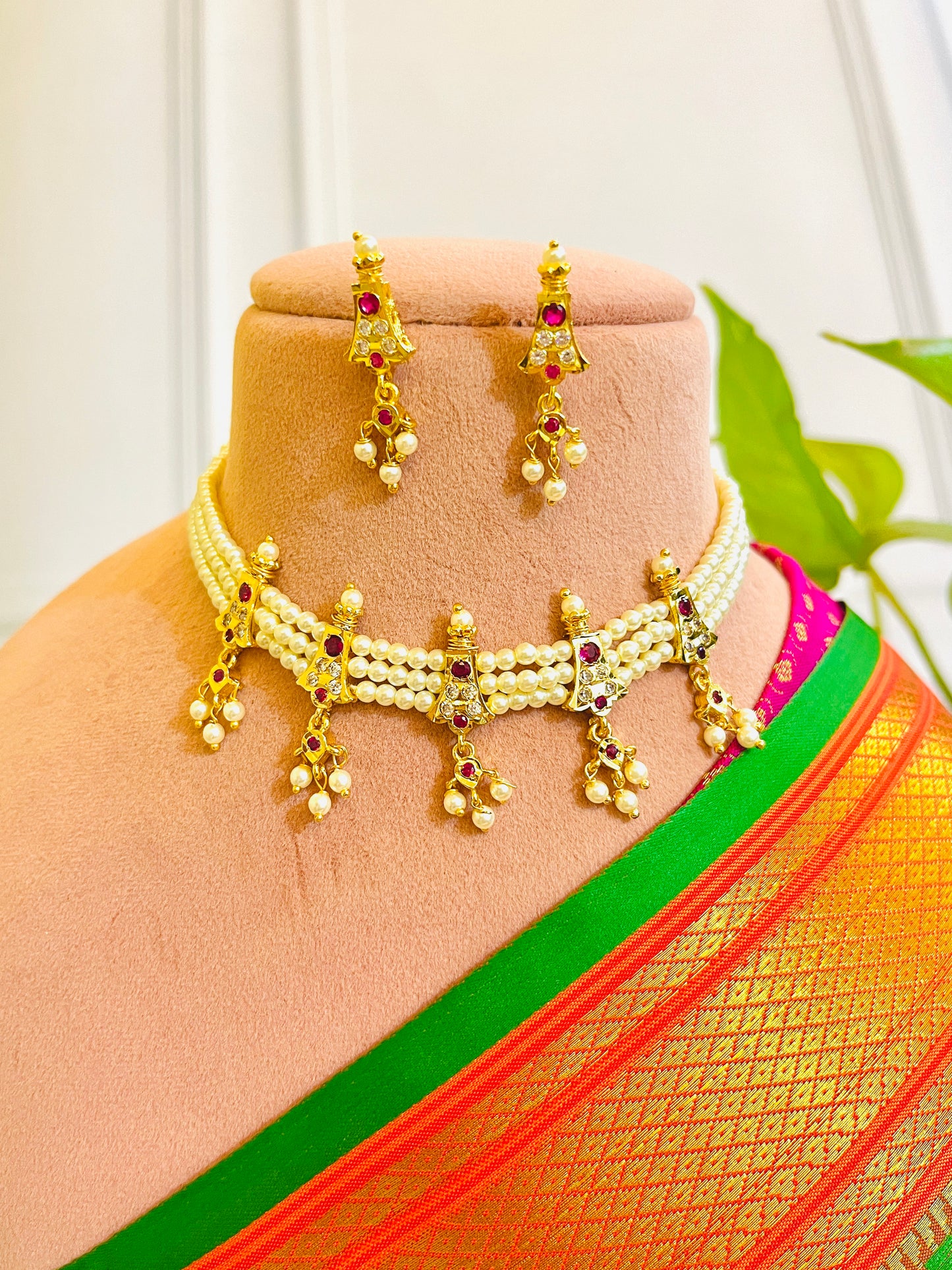 CLASSIC PEARL RUBY 5 PETI CHINCHPETI GOLD PLATED