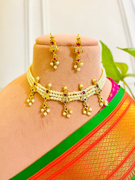 CLASSIC PEARL RUBY 5 PETI CHINCHPETI GOLD PLATED