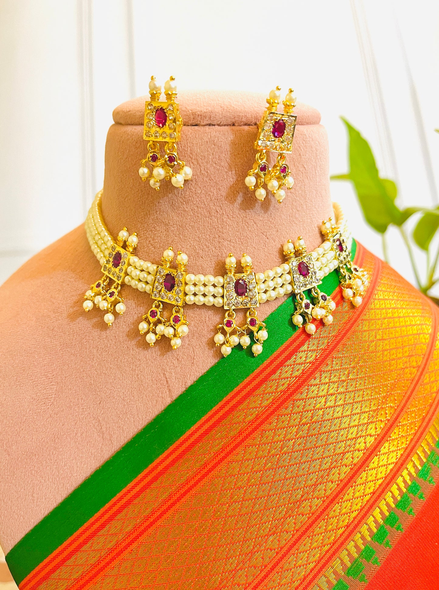CLASSIC PEARL RUBY 5 PETI CHINCHPETI GOLD PLATED