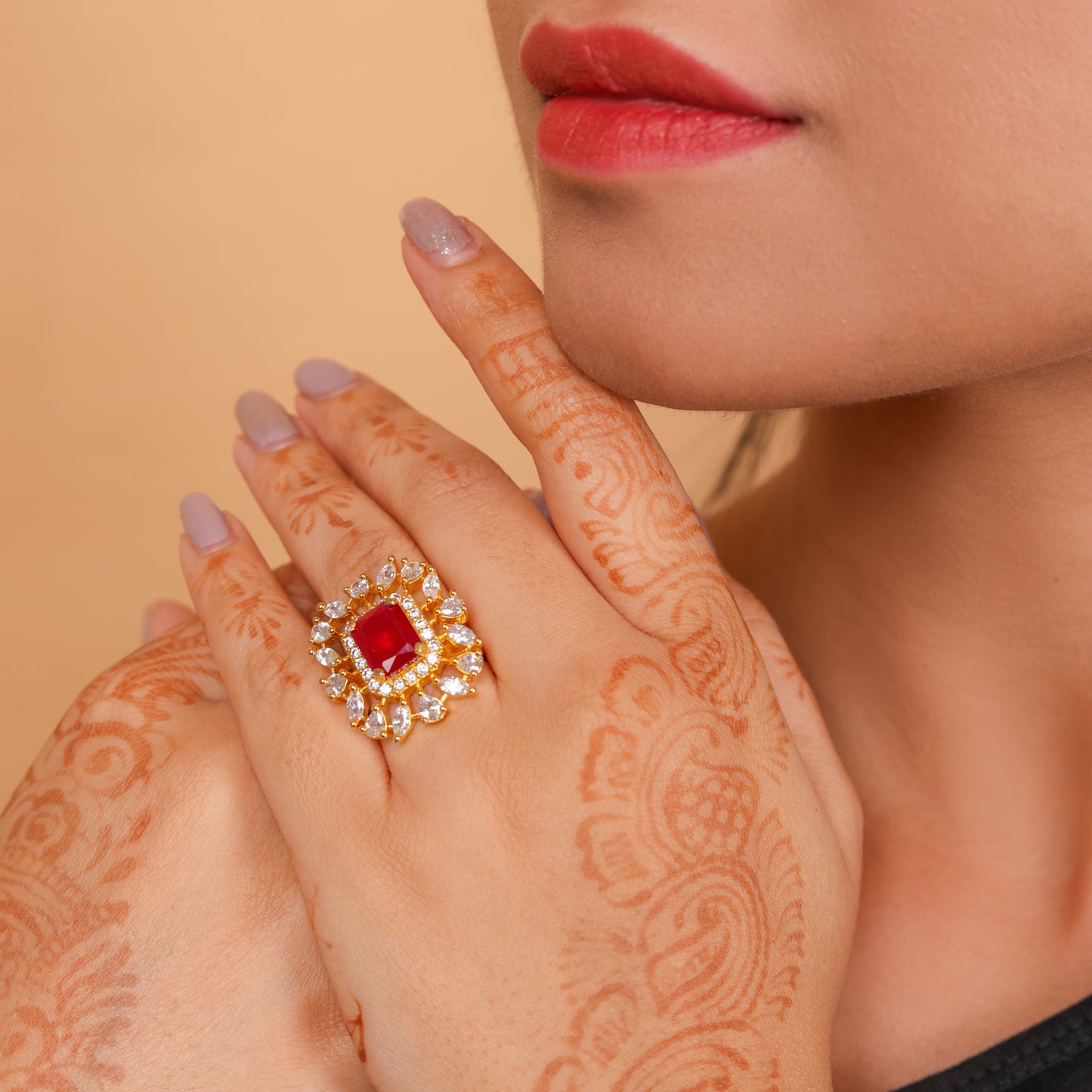NOOR -E-RUBY STATEMENT AD GOLD PLATED ADJUSTABLE RING