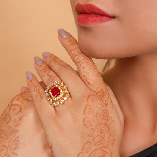 NOOR -E-RUBY STATEMENT AD GOLD PLATED ADJUSTABLE RING