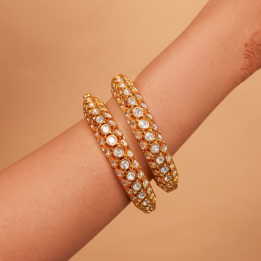 GOLD PLATED MOSSANITE POLKI WITH OPENABLE BANGLES