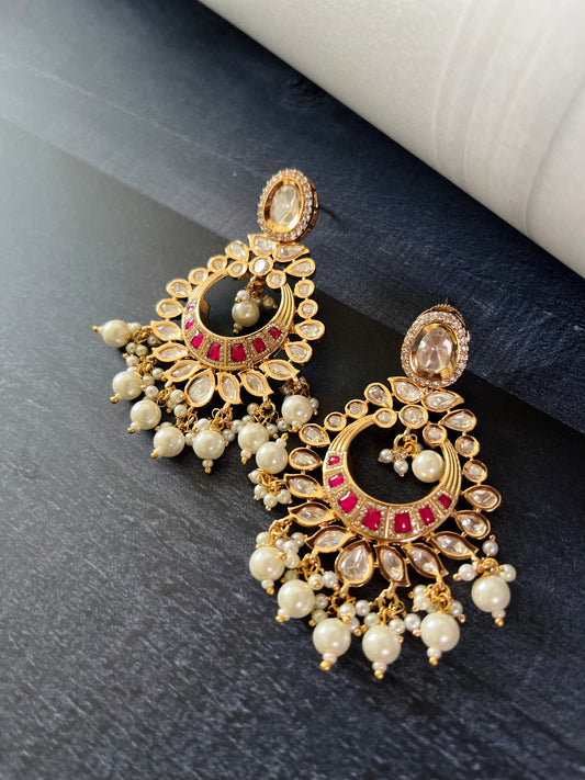 ROYAL JAIPURI PREMIUM MOSSANITE POLKI WITH KUNDAN CHANDBALI